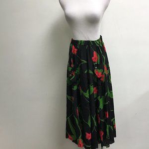 Janice McCarty Vintage black red rayon floral midi skirt polk dot pockets M